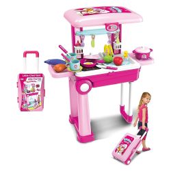 2 in1 Little Chef Trolley Kitchen Play Toy Set for Girls with Music & Light for Kids